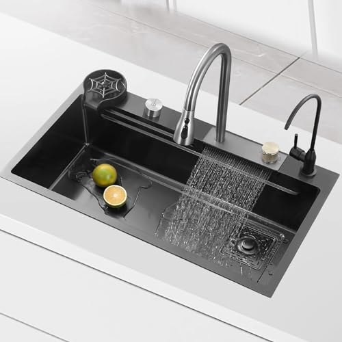 YINXSLO Küchenspüle Schwarze Edelstahlspüle Einbecken-Wasserfallspüle Praktische multifunktionale Spüle und Abtropffläche mit Mischbatterie （68 * 45cm）