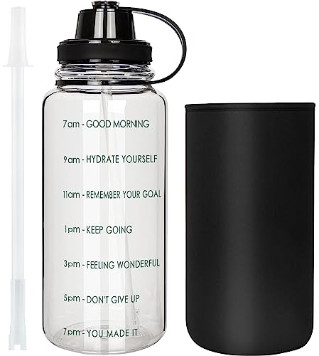 Life4u 2L Bouteille d'eau en Verre avec Paille 2 litres grosse Gourde Verre Borosilicaté avec Marqueur de Temps de Motivation réutilisable sans BPA