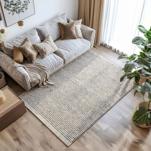 MY-RUG handgewebter Wollteppich 200 x 290 cm aus gewalkter Schurwolle | weicher Teppich aus Wolle | Wohnzimmerteppich, Naturteppich, Wendeteppich, robust & pflegeleicht | Roshni Beige Creme Grau