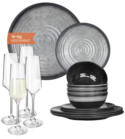 Vajilla de melamina para camping, 4 personas, color gris piedra + 4 vasos de champán Milano