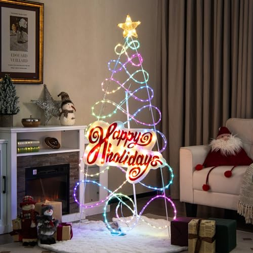 GOPLUS LED künstlicher Weihnachtsbaum, 170cm beleuchteter Tannenbaum mit 216 Farbwechsellicht & 6 Lichtmodi, Christbaum mit Stern & Alphabet, Lichterbaum Weihnachtsdekoration für Innen & Außen