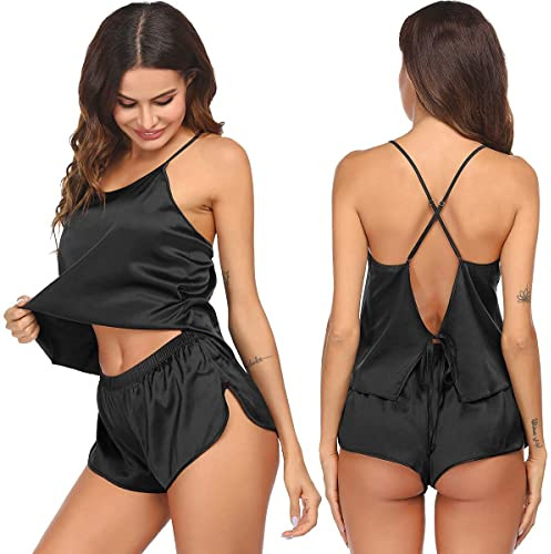 Ekouaer Silk Pajamas Set for Women Satin Backless Lingerie Pjs Cami Top and Shorts Nightwear Black