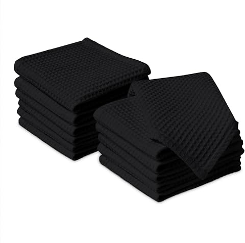 Encasa XO Küchenhandtücher und Waschlappen aus Baumwolle | Schwarz | Waffel- und Flachgewebe-Geschirrtuch | Geschirrtuch-Set | 30x30 cm | Wiederverwendbar und schnell trocknend 12er-Satz