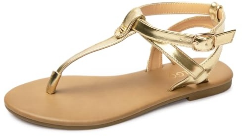 Colgo Thong Flat Sandals, Casual Women T-Strap Dress Sandals with Adjustable Ankle Buckle for Summer Wedding (Golden/Sdl,8)