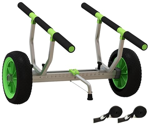 SPORTNOW Chariot de Transport pour Kayak, Stand-up Paddle, canoë avec Largeur réglable, Grandes Roues et Cadre en Aluminium - 2 Sangles fournies Noir Vert