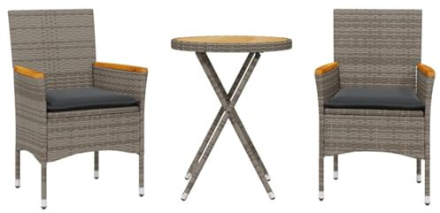 vidaXL Bistroset 3-TLG., Balkonset mit Kissen, Sitzgruppe für Garten Terrasse Balkon, Balkonmöbel Gartenmöbel Tisch 2 Stühle, Grau Poly Rattan Akazienholz