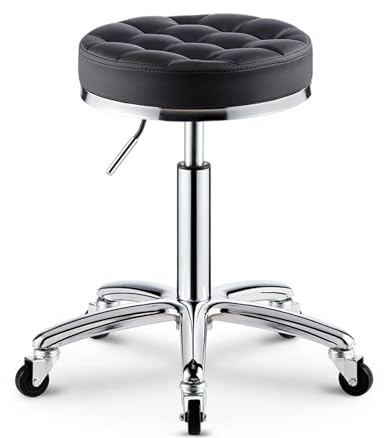 Robuster Rollhocker mit Rollen, verstellbare Stange, gepolstert mit PU-Leder, für Salon, Büro, Geschäft, Spa, Tattoo, Massage, medizinischer Drehstuhl (schwarz)