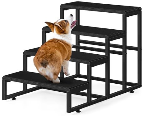 smusei Hundetreppe Katzentreppe 60x40x43cm, 4 Stufige Haustiertreppe Stabil Holz Metall Rahmen Hunderampe mit Rutschfestem Boden, Haustierleiter für Sofa, Bett, Balkon, Schwarz