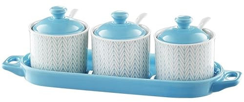 GOOPEEG Set Zuccheriera Utensili da Cucina Set di Contenitori per Spezie Pentola per Condimenti in Ceramica con Cucchiaio E Barattolo per Condimenti da Cucina con Coperchio Forniture per Spezie(B)