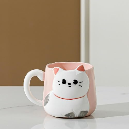 VollfitYYu 3d Katze Kaffeebecher Neuheit Porzellan Kaffeebecher Lustige Katzen-Tasse groß Keramiktasse Cute Tierbecher Geschenk für Frauen Freundin Kinder Geburtstag Weihnachten (Rosa)