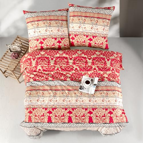 ZIRVEHOME Bettwäsche 200x220 Rot 3-teilig Baumwolle Kuschelig & Warm - Bettbezug im Orientalischen Stil Mit Blumen, Blatt Muster Barock - Set Beige, Schwarz, Creme & Gold, Miza