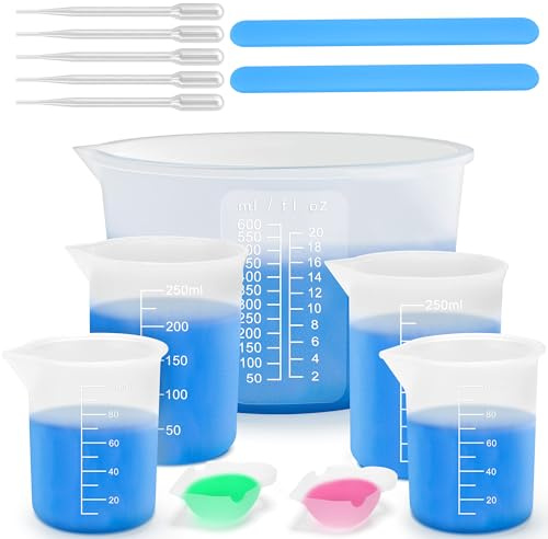 14 Piezas Vasos Medidores de Silicona, Tazas Medidoras Antiadherentes de 600ml/250ml/100ml, Reutilizable Jarras de Medición Resina Epoxi para Moldes de Fundición/Manualidades/Laboratorio/Cocina
