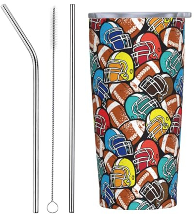 Vaso de 20 onzas con tapa y popote, vaso aislado de fútbol americano, vasos de acero inoxidable, vaso de café personalizado para viaje, botella de agua