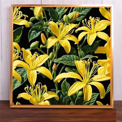 Suneve Malen Nach Zahlen Erwachsene Gelbe Lilie,DIY Paint by Numbers mit Pinseln und Acrylfarben Handgemalt Ölgemälde Leinwand für Home Decor Mit Rahmen - 50x50cm