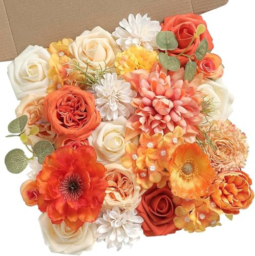 Künstliche Blumen Combo Set Gefälschte Rosen Dahlie Blume Blatt Box mit Stielen für DIY Hochzeit Brautstrauß, Tafelaufsätze, Heimdekoration, Blumenarrangement Dekor (Orange)
