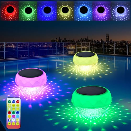 Solar Pond Lights Outdoor,IP68 Waterproof Floating Pool Light with Remote Control & Timer,8 Colours 4 Modes RGB Colour Changing for Garden Pond Hot Tub Swimming Pool Backyard Party Decor–1 Pack