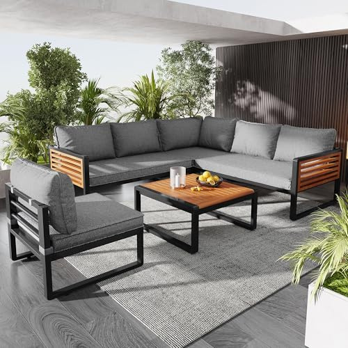Gegtuon Gartenmöbel Sitzgruppe 5-teilige für 5-6 Personen, Lounge mit Couchtisch und Ecksofa, Möbel Outdoor mit Tisch und Sofa, Gartenlounge Gartenmöbel-Sets mit Sitzkissen für Terrasse Garten, Grau