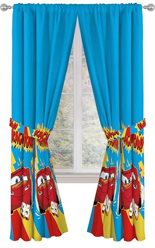 Sunny Side Up Window Curtains for Kids Bedroom 4-Piece Drape Set with 2 Tiebacks, Blue - Cars, 42 W x 84 L (Pack of 2)