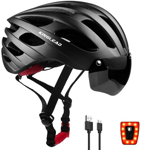 KINGLEAD Casco de bicicleta para hombre y mujer - Casco de bicicleta con lente magnética y carga USB, luz LED, casco de bicicleta ligero y ajustable para ciclismo y MTB, 54-58 cm