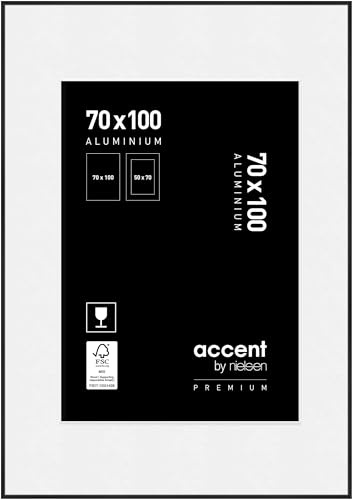 accent by nielsen Aluminium Bilderrahmen Accent Premium, 70x100 cm, Schwarz | Aluminium Posterrahmen mit Passepartout im Hoch- & Querformat zum Aufhängen Schwarz matt Echtglas Premium