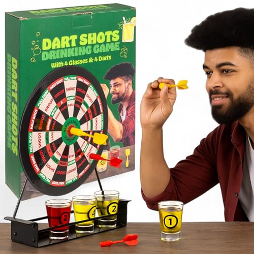 MIJOMA Dart Dart Drickspel – partyspel med darttavla, 4 shotglas och 4 dart – roligt drickspel för vuxna, födelsedag, svensexa, WG-fest