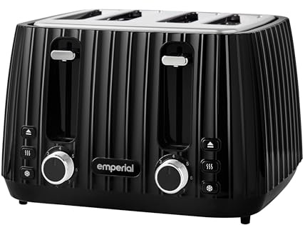 Emperial Flow 4 Slice Toaster | Extra Wide Slots, High Lift Lever, Adjustable Browning, Defrost, Reheat, Removable Crumb Tray | High Gloss Grooved Design | 1600W (Black)