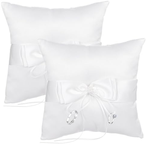 OMISTAR 2 Pack Ring Bearer Pillows, 7.9 in White Wedding Ring Pillow, Romantic Ribbon Bow and Pearl Embellishment, Lightweight and Portable, Wedding Decoration