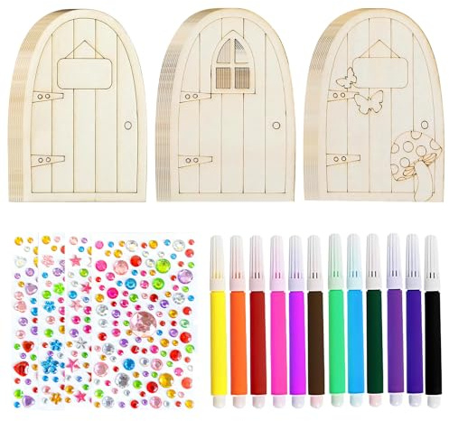 ZDNT 30 Pcs Unpainted Wooden Fairy Door Elf Door Mini Door Shape Wooden Pieces Fairy Doors for Garden Trees with Gemstone Stickers for Kids DIY Home Office Birthday Wedding Party Christmas Decoration