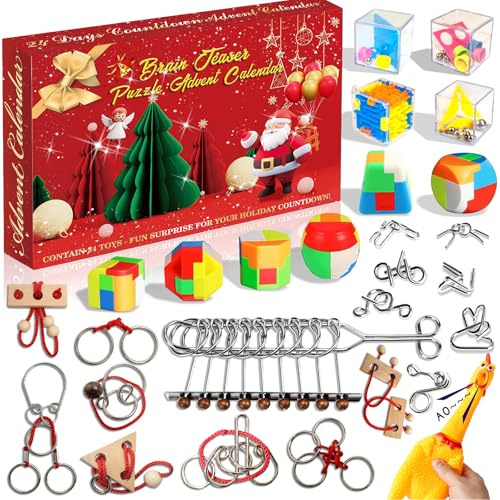 ALUNME Puzzle Adventskalender 2026 Kinder, 24-tägiger Weihnachtscountdown-Kalender mit 24 Spielzeugen, Brain Teaser Christmas Advent Calendars 2026 for Kids Boys Girls
