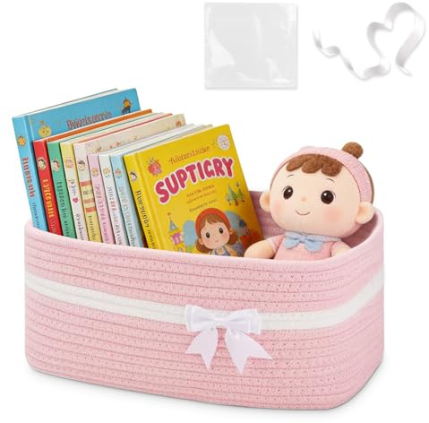 Geflochtener Aufbewahrungskorb aus Baumwolle mit Griffen, 34×15×25 cm Stoffkorb & Geschenkkorb leer, Spielzeugkorb fürs Kinderzimmer, Organizer für Handtücher, Snacks & Hundespielzeug (Rosa)