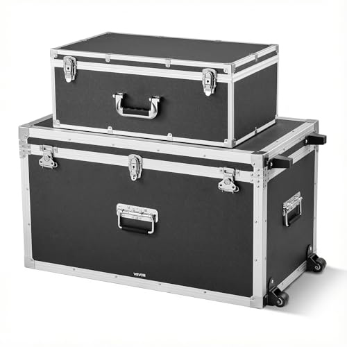 VEVOR Caisses de Transport Lot de 2, Coffre de Rangement à Roulettes avec 3 Poignées Métalliques, Valises pour Déménagement, Voyage, Stockage d'Outils, Cadenas à Combinaison et Cadre en Métal, Noires