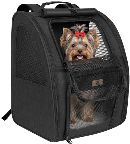 Aystkniet Zaino Trasportino per Cani e Gatti fino a 10 kg, Trasportino Pieghevole con Ventilazione a 270°, 3 Aperture di Accesso, Tenda Coprivista, Fascia per Trolley, per Viaggi
