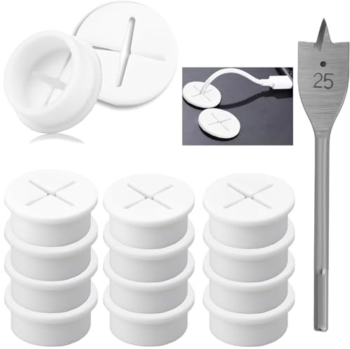 ZIOYANE Set di 12 passacavi, 25 mm, coperture flessibili in silicone per aperture da scrivania e gestione dei cavi, per tavoli e mobili da ufficio (bianco)