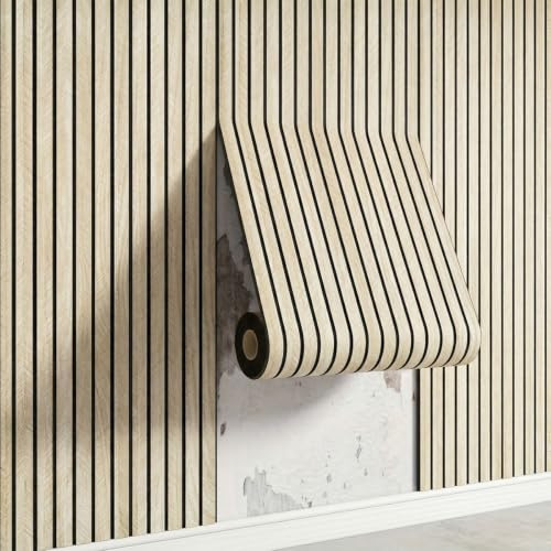 Woeetuop 40cm x 3m Peel and Stick Wall Panels for Living Room - Beige 3D Wall Panels Self Adhesive Wood Effect Slat Wallpaper for Kitchen Living Room Bedroom Ceilings Cabinets Decor
