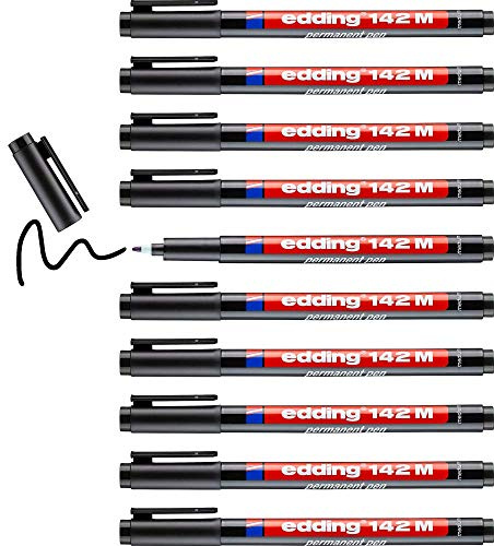 edding 142 M Permanenter Folienschreiber - schwarz - 10 Stifte - Rundspitze 1 mm - Stift zum Schreiben auf Glas, Kunststoff, Folien und glatten Oberflächen - schnelltrocknend, wisch- und wasserfest