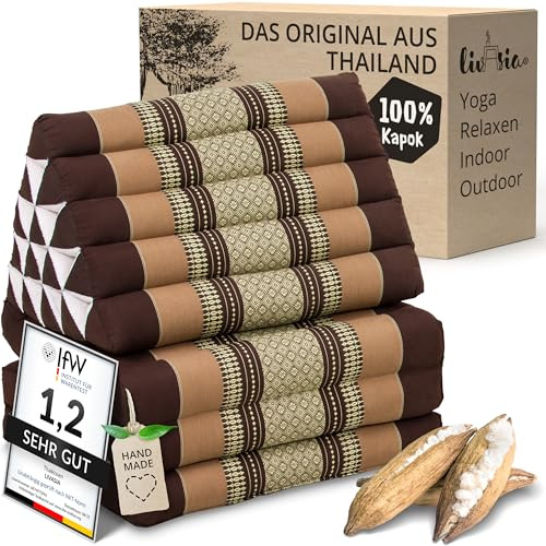 livasia Cuscino Thai a 3 segmenti Alto - 185x55x8cm - Cuscino Triangolare con Materasso Pieghevole, kapok, Cuscino per la Schiena Jumbo, Tappetino Thai da Piegare, Fatto a Mano (Marrone)
