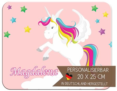 CreaDesign Personalisiertes Kinder Frühstücksbrett mit Namen, 20x25 cm, rutschfestes Schneidebrett aus Kunststoff, Einhorn Design, spülmaschinen & mikrowellengeeignet, Schneidbrett für Kinder