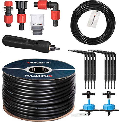 HOLZBRINK Kit de démarrage pour l’irrigation en serre, système d’arrosage goutte à goutte : 10 m Tuyau LDPE 16 mm, 2x Goutteur 8l/h, HTB-10-B-10
