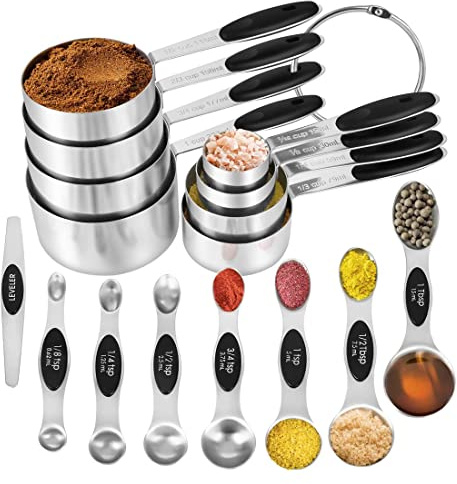 KELOFKO 16 Pieces Measuring Cups and Magnetic Measuring Spoons Set Stainless Steel,8 Measure Cups with Silicone Handle and 7 Double Sided Magnetic Measure Spoons & 1 Leveler