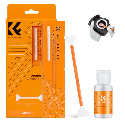 K&F CONCEPT Sensor-Reinigungsset für APS-C Format, 10 Stück, 20ml, Orange | 16mm Doppelkopf-Mikrofaser-Swabs + 20ml Reiniger für Kameras, DSLR, Objektive & Filter, Einzeln vakuumverpackt, MA05