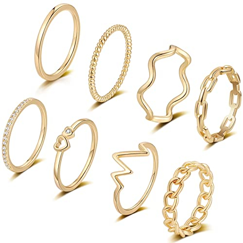 FUNEIA 14 Karat Vergoldet Ringe Set Gold Damen Stapelringe Fingerring Sliver für Frauen Herz CZ Dünn Verlobungsring Eheringe Wasserfest Schmuck (Gold Set 1, 57（18.1）)