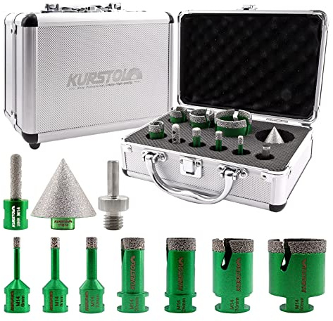 KURSTOL Diamant Fliesenbohrer set - Diamantbohrer Diamant-Lochsägen-Set | 6/8/10/20/25/35/50MM+50MM Fasenbits+10MM Fingerfräs Bit+Sechskantschaft Adapter für Porzellan Fliese Granit Marmor