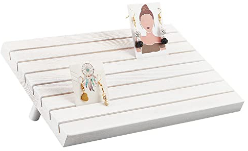 NBEADS 7 Slots Wooden Earring Display Stands, Wood Earring Card Holder with 2 Detachable Pegs White Jewelry Earring Display Earring Holder Organizer for Selling, 29x19cm