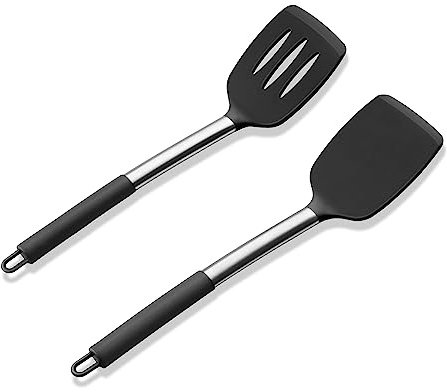 E-far Silicone Spatula Set of 2, Solid & Slotted Turner for Nonstick Cookware, Heat Resistant Rubber Kitchen Cooking Utensils for Flipping Fish Pancake Egg - Black