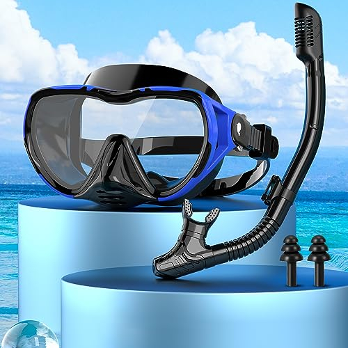 Schnorchelset Erwachsene mit Taucherbrille und Dry Schnorchel,Taucherbrille Erwachsene mit Linse Gehärtetem Glas Anti-Leck & Anti-Fog Panorama Tauchmaske für Schnorcheln, Schwimmen (Schwarzblau)