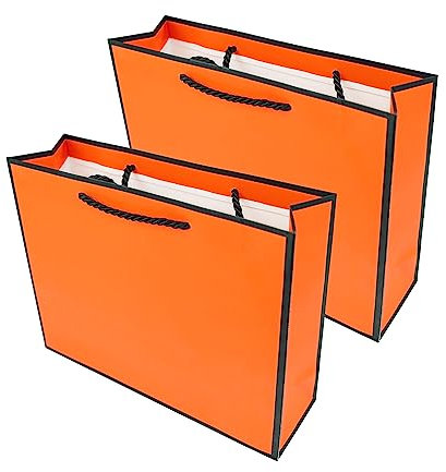PACK4YA Papier-Geschenktüten mit Schleifenband, Geschenktüte mit Henkel für Geburtstag, Hochzeit, Weihnachtsfeier, Einkaufen, Babyparty 27x8x21 cm (Orange, schwarzer Rahmen, 2 Stück)