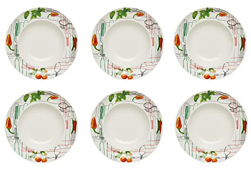 KHG 6er-Set Pastateller, extra groß mit 30 cm Durchmesser in Besteck Print | perfekt für Gastro und Zuhause, hochwertiges Porzellan, Suppenteller, Salatteller, spülmaschinengeeignet, praktisch