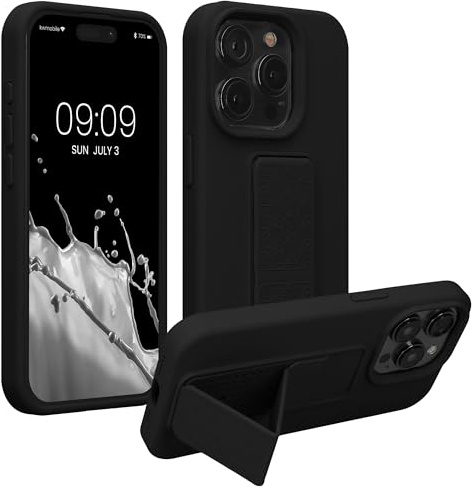 kwmobile Case for Apple iPhone 15 Pro Max Case - Soft TPU Cover with Silicone Coating - With Hand Strap and Stand Function - Shockproof - Black