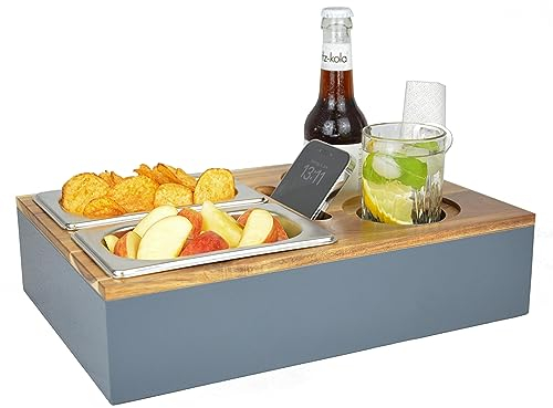 Cascalino's® Couchbar Snackbox mit 2+2 Snackschalen aus Edelstahl - Sofatablett aus Holz | Sofa Organizer mit Getränkehalter | Couch Tablett Holz, Couch bar, Sofa Butler, Couch Organizer, Tablett
