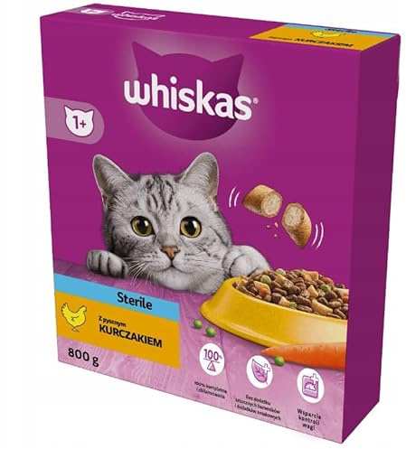Whiskas Adult Sterile 1+ Trockenfutter mit Huhn im Karton, 800g - Katzentrockenfutter für Erwachsene sterilisierte BZW. kastrierte Katzen